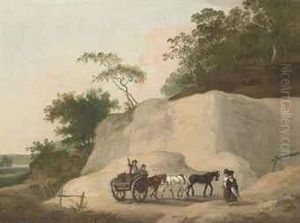 A Rocky Landscape With A Horse-drawn Wagon And Figures On Atrack by Francis Wheatley
