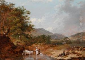 Kuhhirten Und Vieh An Einemfluss In Den Bergen Des Glen Molaur Kuhhirten Und Vieh An Einemfluss In Den Bergen Des Glen Molaur