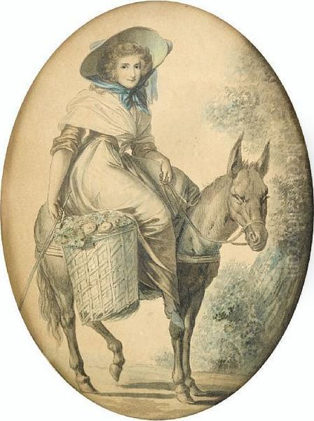 A Lady Riding A Donkey With Panniers Offlowers - view 1