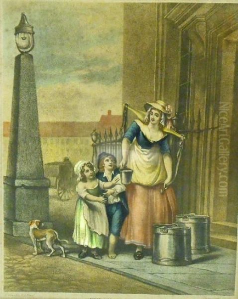 Lady Milk Seller With Two
Children On A Street, And A Gentleman With A Wheelbarrow Selling Items
To Two Children And A Lady Upon A Street - view 1