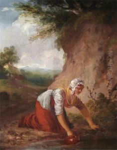 A Girl Fetching Water From A Stream, A Cottage Beyond