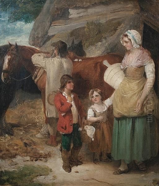 A Dairy Maid With A Farmer, His 
Horse And Children; A Cottage Interior With A Labourer And His Family, A
 Pair - view 1