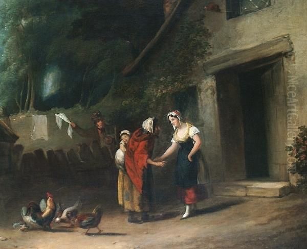 A Young Woman With An Elderly 
Lady Before A Cottage Door And A Man Stealing Laundry From A Clothes 
Line - view 1