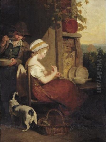 Sold By The J. Paul Getty Museum To Benefit Future Painting Acquisitions
A Young Lady Seated Outside A Cottage Mending A Net, With A Young Boy Behind Eating From A Bowl, "the Industrious - view 1