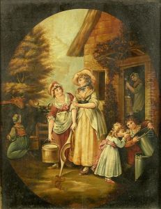 Atthe Dairy Door, Rustic Scene With Cheese Makers, Children Andcattle