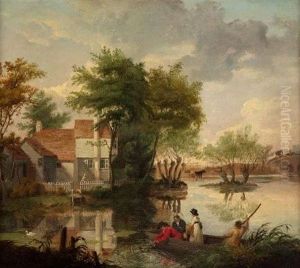 River Landscape With Figures In A Boat"