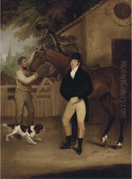 Portrait Of A Gentleman With His Bay Hunter Held By A Groom - view 1