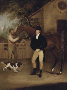 Portrait Of A Gentleman With His Bay Hunter Held By A Groom by Francis Wheatley