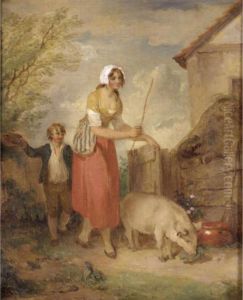 A Young Woman And Boy With A Pig Outside A Cottage