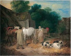 Farmyard Scene With Horse And Cart And Pigs