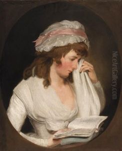 Portrait Of A Young Lady,
Half-length, In A White Dress And Capbonnet Reading From Romeo And
Juliet, Feigned Oval by Francis Wheatley