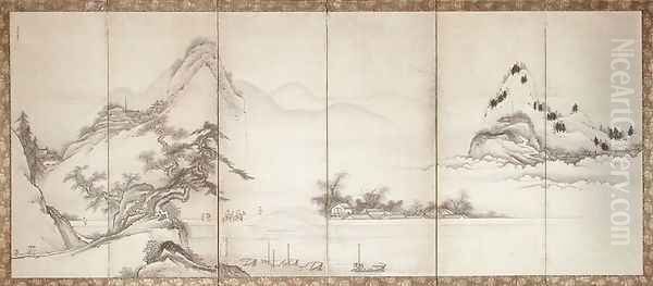 Travellers on a lakeside bridge, c.1700 - view 1