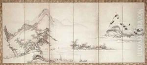 Travellers on a lakeside bridge, c.1700 by Toetsu
