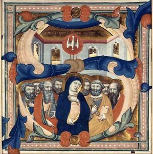 Historiated initial S depicting the Descent of the Holy Spirit, mid 14th century by Niccolo di ser Sozzo Tegliacci