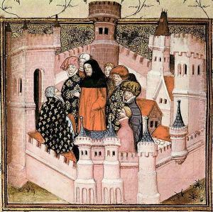 Harl 1319 f.37v Richard II receiving the Earl of Northumberland at Conway, from the Histoire du Roy dAngleterre, Richard II by Master The Virgil