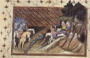Harl 1319 f.9 MacNamara, the Irish chieftain comes to confer with the Earl of Gloucester, from the Histoire du Roy dAngleterre, Richard II