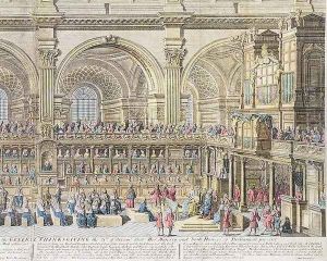 A Prospect of the Choir of the Cathedral Church of St. Paul, on the General Thanksgiving, the 31st of December 1706. Her Majesty and both Houses of Parliament present 2 by Trevett, Robert