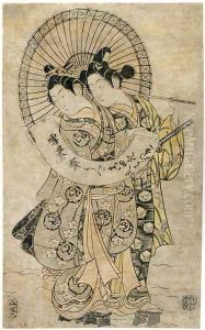 Lovers standing in the snow holding a sheet of paper upon which a poem is inscribed by Kiyohiro Torii