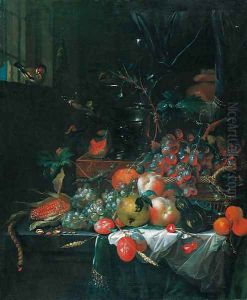 Grapes in a basket, a corn cob, peaches, plums, apricots, cherries and other fruit, a roemer and a wine flute on a chest, and a lit taper on a draped by Catharini Treu