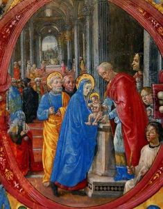 Corale B 26 c.113r Historiated initial C depicting the Presentation in the Temple, with a portrait of Lorenzo the Magnificent 1449-92 by a column on the right hand side by di Baldassare (Frate Eustachio) Tommaso