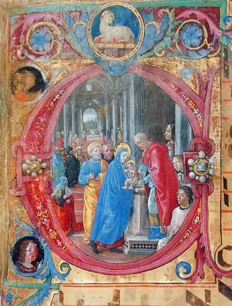 Corale B 26 c.113r Historiated initial C depicting the Presentation in the Temple, with a portrait of Lorenzo the Magnificent 1449-92 by a column on the right hand side 2 - view 1
