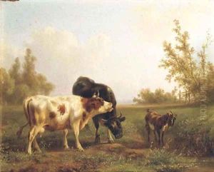 Cows and a goat in a sunlit meadow by Jan Bedijs Tom