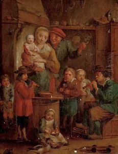 A family in a kitchen interior with two musicians by David The Younger Teniers