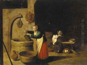 A barn interior with a woman at a well by David The Younger Teniers