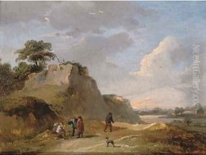 An extensive dune landscape with travellers resting on a track by David The Younger Teniers