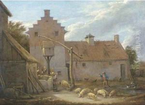 A farmyard with pigs and ducks by a pool, with peasants at a nearby well