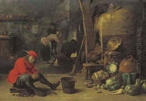 A kitchen interior with a man shucking mussels, and figures around a fire