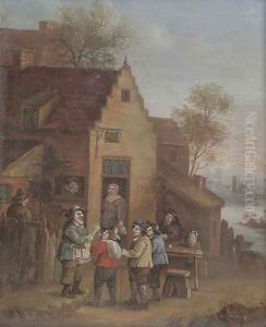 A town crier outside an inn by David The Younger Teniers