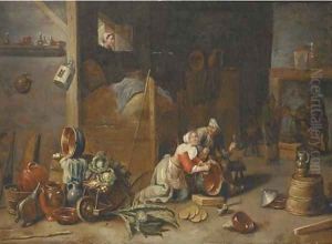 An interior with a maid scourging a pan and talking to a boor, with other peasants smoking and drinking beyond