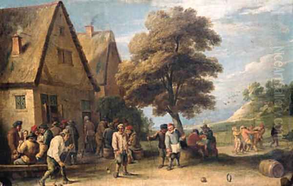 Boors playing ringball by an inn in a landscape - view 1