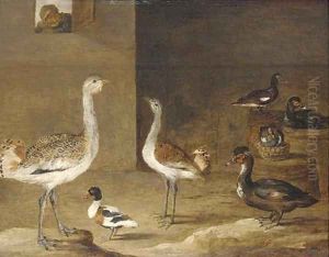 Fowl in a barn with a peasant at a window