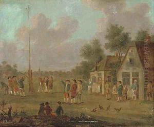 Peasants outside a tavern playing skittles; and Figures outside a tavern by a May pole