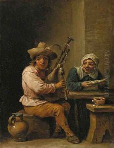 A bagpipe player with a lady reading a letter in an interior