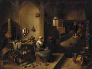 A kitchen interior with a lady seated at a table and boors around a fire beyond