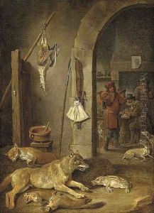 Huntsmen after the chase in an interior, with a hunting still life in the foreground by David The Younger Teniers