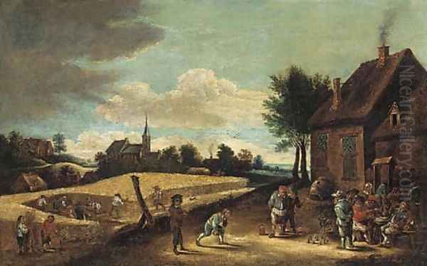 Peasants playing skittles outside an inn with farmhands harvesting in a nearby field - view 1