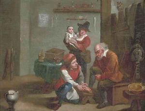 A chiropodist treating a man's foot with a peasant woman and a baby watching by David The Younger Teniers
