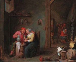 A courting couple in an inn by David The Younger Teniers