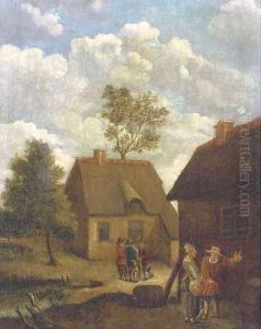 A farmyard with figures conversing by David The Younger Teniers
