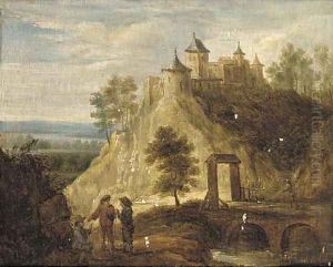 A hilly landscape with peasants on a path by a river, a castle beyond