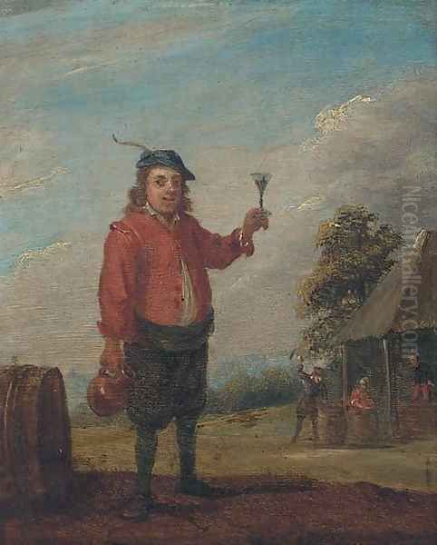A peasant holding a jug and a roemer of wine near an inn - view 1