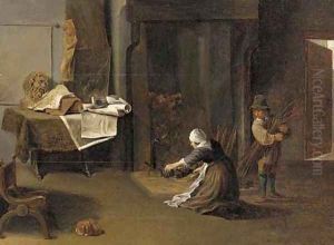 A young man and a woman lighting a fire in a study