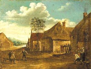 Boors playing at skittle on a farmyard