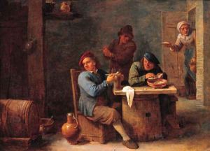 Boors smoking in a barn