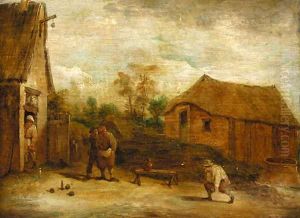 Figures playing skittles before a cottage