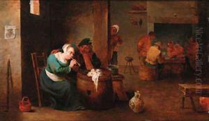 Peasants drinking and playing cards in an inn by David The Younger Teniers